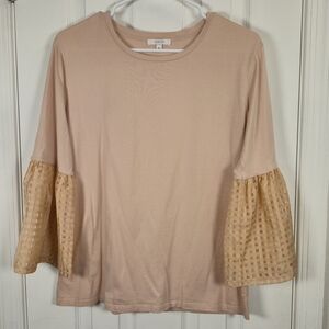 Maette Stella Dot Lolo Blush Peach Knit Top Sheer Checked Bell Sleeve M